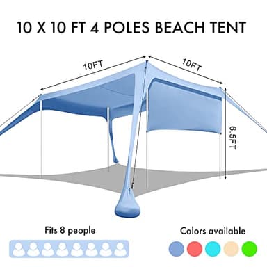 Beach Canopy Tent Shade with Sidewalls 10x10FT, 6.6FT Tall, UPF50+ Sun Shelter, Windproof & Water Resistant, Includes Guylines Sand Shovel Stability Poles, Easy Up for Beach Outdoor Camping Backyard - Image 4