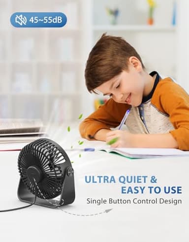 TriPole USB Desk Fan 4.5 Inches Portable Mini Fan Powerful 3 Speeds Wind Personal Desktop Fan with 360° Head Rotation for Home Office Car Indoor Outdoor Black, No Battery - Image 2