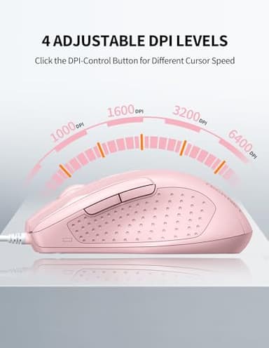 TECKNET Wired Mouse, 6-Button Corded with 4 Adjustable DPI, Optical Ergonomic Design, 5FT Cord for Laptop, Chromebook, PC, Desktop, Mac, Notebook - Pink - Image 2