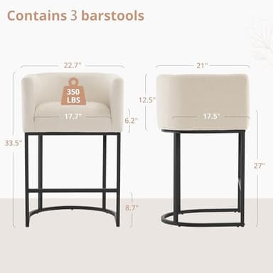 LUE BONA 27" H Counter Height Bar Stools Set of 3, Modern Barrel Counter Stools with Backrest and Arms, Black Metal Frames, Linen Fabric Upholstered Accent Barstools for Kitchen Island, Linen Color - Image 2