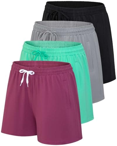 Real Essentials 4 Pack: Womens Athletic Dry-Fit Lounge Shorts with Zipper Pockets (Available in Plus Size) - Image 1