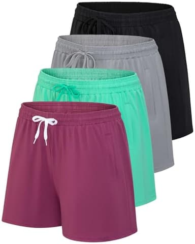 Real Essentials 4 Pack: Womens Athletic Dry-Fit Lounge Shorts with Zipper Pockets (Available in Plus Size) - Image 1