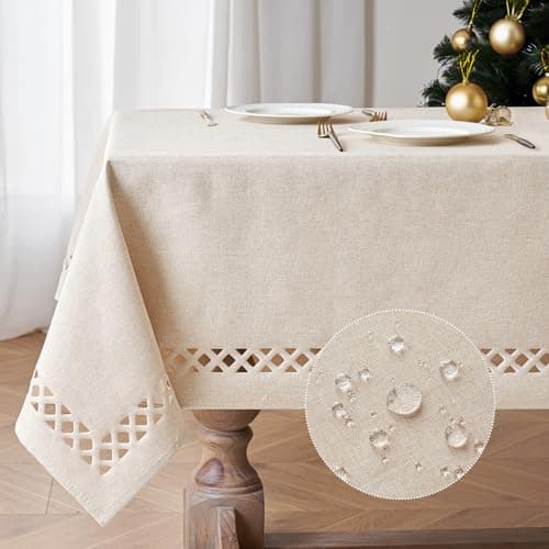 MIULEE Natural Thick Polyester Linen Rectangle Tablecloth Decorative Cutouts Waterproof Stain and Wrinkle Resistant Table Cloth Farmhouse Table Cover for Thanksgiving Party Wedding 55 x 102 inch - Image 1