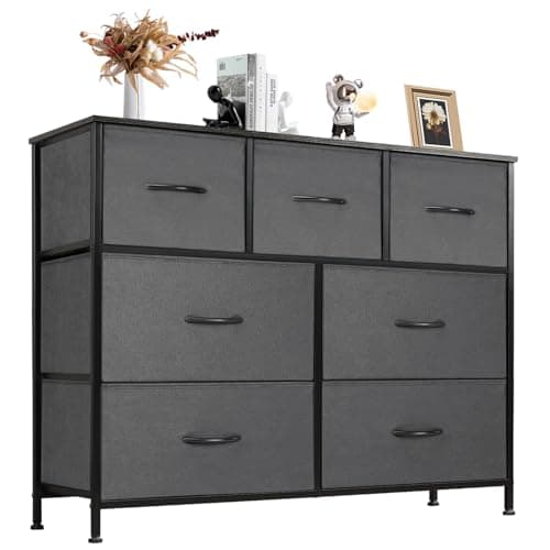 DUMOS Dresser for Bedroom with 7 Fabric Drawers, Chest Organizer Units for Clothing, Closet, Bedroom, Storage Tower with Cabinet, Metal Frame, Wooden Top, Lightweight Nursery Furniture, Grey - Image 1