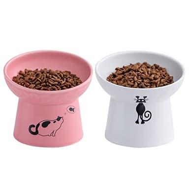 TAMAYKIM Tilted Ceramic Raised Cat Bowls, 8 OZ Food and Water Bowls Set for Kitty, 5 in Porcelain Elevated Stress Free Feeding Pet Dish, Dishwasher and Microwave Safe (White & Pink) - Image 1