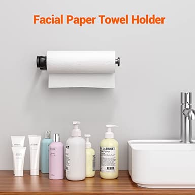 Paper Towel Holder Under Cabinet, Single Hand Operable Wall Mount with Damping Effect, Self-Adhesive or Drilled for Kitchen Bathroom, Black - Image 4