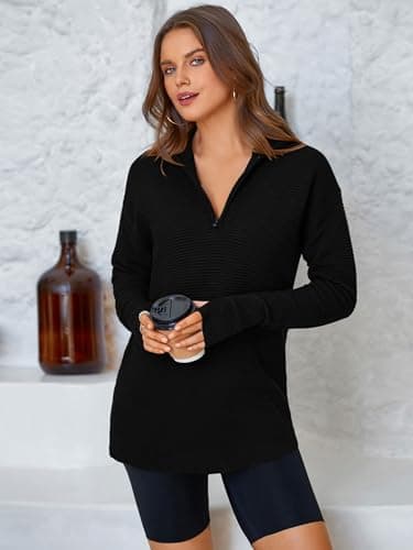 PRETTYGARDEN Womens Long Sleeve Quarter Zip Pullover Sweater Casual Loose V Neck Collared Ribbed Knit Jumper Tops Thumb Hole(Black,Large) - Image 5