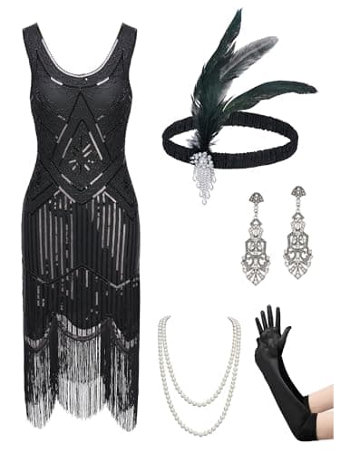 YESSA Flapper Dresses 1920s Gatsby Dress for Women Roaring 20s Costumes Fringed Sequin Cocktail Dress with 20s Accessories Black X-Large - Image 1