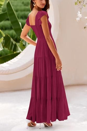 PRETTYGARDEN Women's Summer Flowy Maxi Dress Casual Cap Sleeve V Neck Smocked Beach Sundress (Solid Wine Red,Large) - Image 2