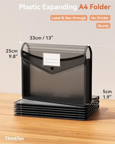 ThinkTex Plastic Expanding File Folder, Transparent envelopes with Snap Closure, No Dividers, Large Capacity, Fit Letter/A4 Size - 5 Packs - Image 2