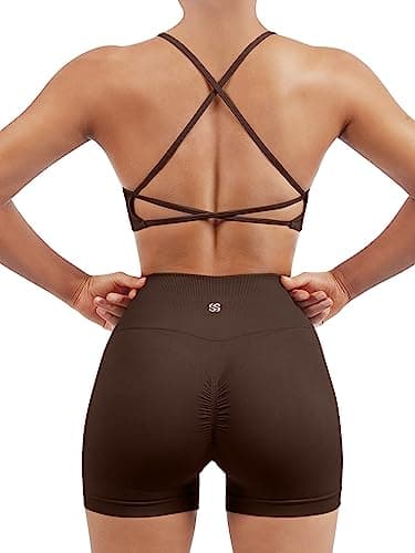 SUUKSESS Women Seamless 2 piece Workout Sets Strappy Padded Sports Bra Booty High Waisted Shorts Outfits (Deep Brown,M) - Image 1