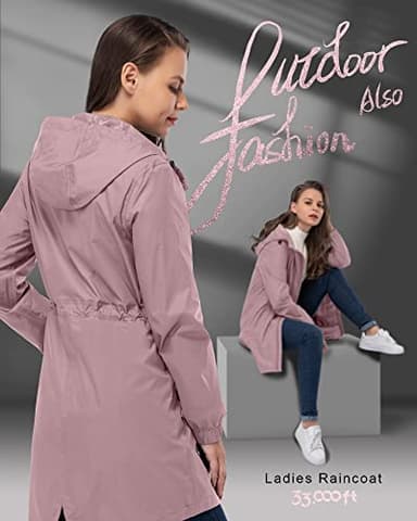 33,000ft Women's Waterproof Long Rain Coats Packable Rain Jacket with Hood Trench Coats Windbreaker - Image 4