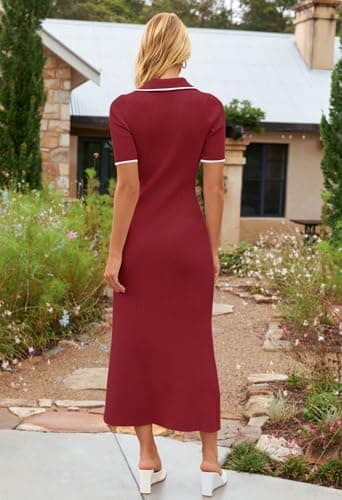MEROKEETY Women's V Neck Ribbed Knit Maxi Dress Button Short Sleeve Slim Fit Bodycon Sweater Dress, Wine, Medium - Image 4