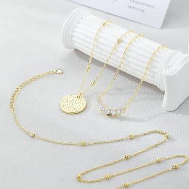 Kyerlyn layered gold necklaces for women,Stackable Stack 14K Gold Plated Chain Necklace Trendy Layering Coin CZ Simple Circle Cubic Zirconia Pendant Necklaces Set Gold Jewelry for women Gifts - Image 5