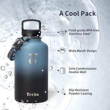 Trebo Water Bottle 64oz with Paracord Handle, Half Gallon Large Vacuum Double Wall Stainless Steel Insulated Water Jug with Holder Strap Straw Spout Lids, Leakproof Keep Cold & Hot, Indigo/Black - Image 6