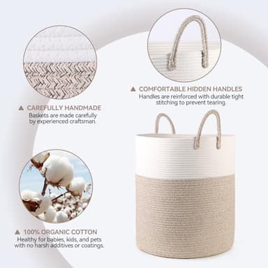 HOBASKET Cotton Rope Hamper for Girls Kids Baby Nursery Hamper Bin Woven Storage Basket for Living Room cute laundry basket Tall Laundry Basket for Blanket Toy storage bin(Beige) - Image 7