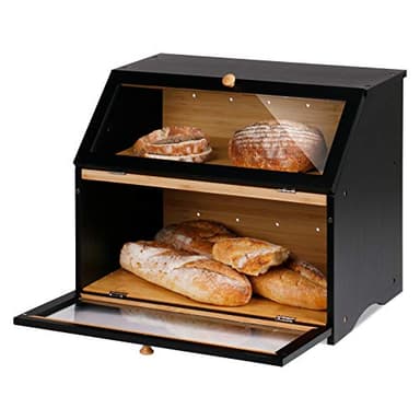 HOMEKOKO Double Layer Large Bread Box for Kitchen Counter, Wooden Large Capacity Bread Storage Bin (Black) - Image 2