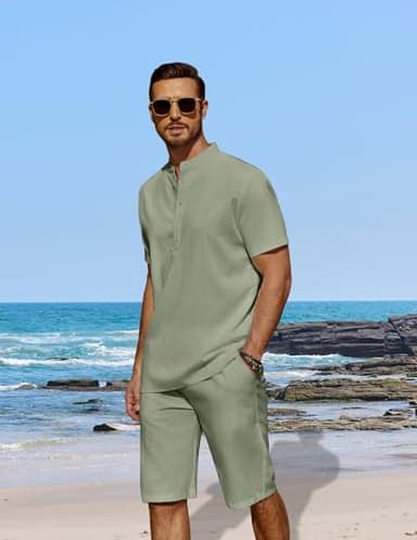 COOFANDY Men's 2 Pieces Linen Set Casual Henley Shirts Short Sleeve Beach Yoga Shorts Summer Pants Outfits - Image 2
