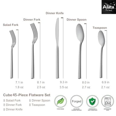 Alata Cube 45-Piece Forged Stainless Steel Flatware Set Cutlery Set,Service for 8,Silver Finish,Dishwasher Safe - Image 5
