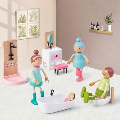 Giant bean 36pcs Wooden Dollhouse Furniture Set with Dolls for 5 Rooms, Wood & Plastic Pink Dollhouse Accessories Pretend Play Furniture Toy Christmas Birthday Gift Toy for Kids Boys Girls Toddler 3+ - Image 5