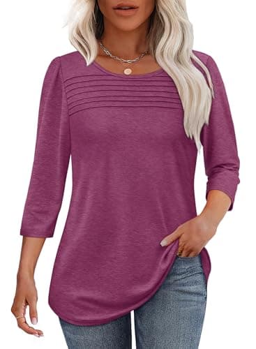 Womens Tops Dressy Casual Trendy Summer Blouses 3/4 Length Sleeves Pleated Front Loose Fit Tshirts Shirts Plus Size Womens Clothing Dusty Red 3XL - Image 1