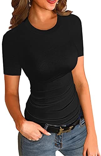 Womens Crewneck Short Sleeve Ribbed T-Shirt Slim Fit Tops Solid Basic Tee Black - Image 1