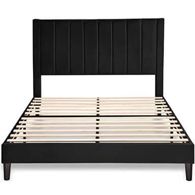 Allewie Queen Bed Frame/Velvet Upholstered Bed Frame with Vertical Channel Tufted Headboard/Strong Wooden Slats/Platform Bed Frame/Mattress Foundation/Box Spring Optional/Easy Assembly/Black - Image 9