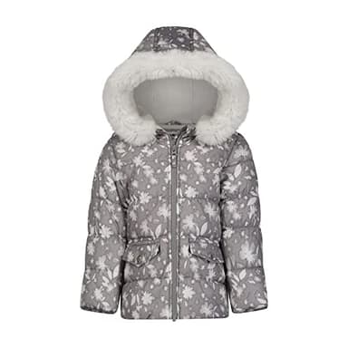 OshKosh B’gosh Baby Girl's Hooded Winter Puffer Jacket with Faux Fir Trim, Gray with Allover Pattern and Snowbib, Grey Floral, 6 Years - Image 2