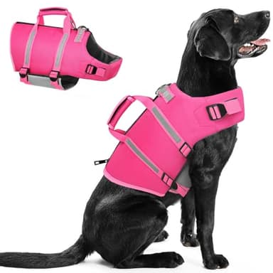 Queenmore Large Dog Life Jacket, Floating Vest for Swimming and Boating, Lightweight Adjustable Reflective Lifesaver With Back Zip, Rescue Handle, Leash Hook (Fuchsia L) - Image 1