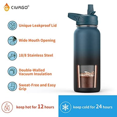 CIVAGO 40 oz Insulated Water Bottle With Straw, Stainless Steel Sports Water Cup Flask with 3 Lids (Straw, Spout and Handle Lid), Double Walled Travel Thermal Canteen Mug, Midnight Black - Image 3