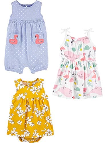 Simple Joys by Carter's Baby Girls' 3-Pack Romper, Sunsuit and Dress, Flamingo/Flowers/Sea Friends, 24 Months - Image 1