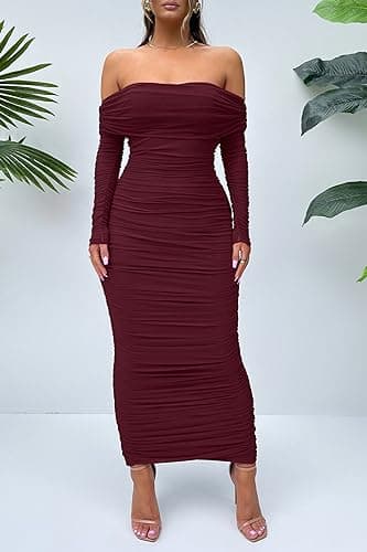 PRETTYGARDEN Women's Fall Off Shoulder Maxi Bodycon Dress Long Sleeve Ruched Fitted Club Dresses with Slit (Wine Red,Medium) - Image 4