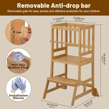 COSYLAND Toddler Standing Tower - Adjustable Height Toddler Kitchen Stool Helper - Kids Kitchen Step Stool for Learning with Removable Safety Railing Natural - Image 5
