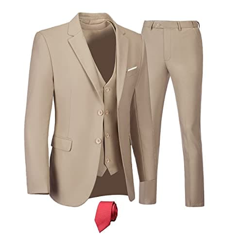 Men Suits 3 Piece Tan Suit Set for Men, Slim Fit Two Button Business Wedding Prom Tuxedo Suit Blazer Vest Pants with Tie-M - Image 1