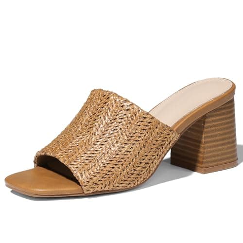 Ancomafio Women's Heeled Sandals Brown Raffia Heels Square Open Toe Heeled Mules Block Heels Summer Vacation Shoes Brown Size 7.5 - Image 1