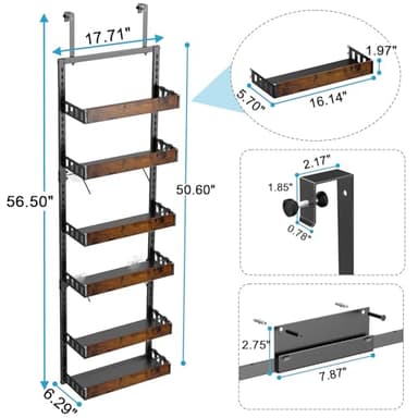 bukfen Over the Door Pantry Organizer, 6-Tier Adjustable Wooden Basket Kitchen Pantry Door Organization and Storage, Heavy-Duty Metal Hanging Kitchen Spice Rack,D6.3 x W17.71 x H50.60 inch,1 Pack - Image 2