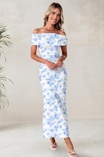 LUXVEER Women's Mesh Floral Dress 2025 Summer Off Shoulder Ruched Bodycon Long Maxi Fitted Night Out Wedding Guestes Dresses Blue - Image 5