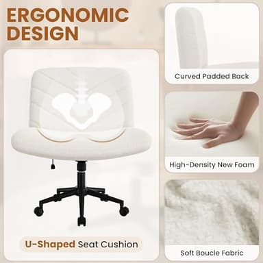 Yaheetech Wide Criss Cross Legged Office Desk Chair with No Wheels, Vanity Comfy Swivel Computer Chairs for Home Office Reading Makeup, Ivory - Image 6