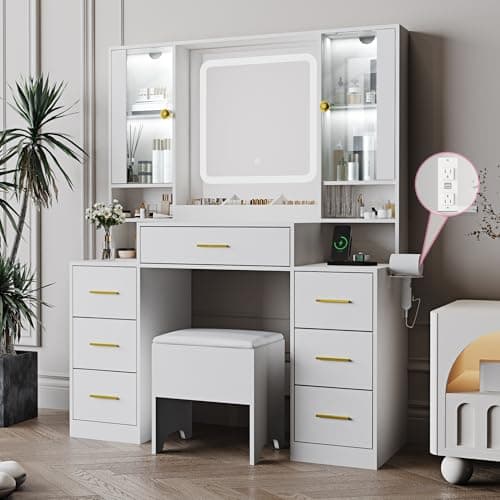BORNOON Makeup Vanity with LED Light Strip Mirror and Chair, 7 Drawers & 2 RGB Cabinets White Vanity Makeup Desk with Power Strip, Adjustable LED Lighting, and Cushioned Stool for Women, Girls, Teens - Image 1