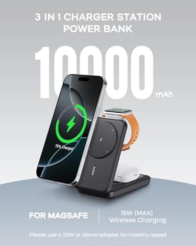 RORRY Portable Charger, 3-in-1 Charging Station 10000mAh Portable Charger Power Bank for MagSafe Foldable Battery Pack Travel for iPhone 16/15/14/13/12, for Apple Watch 10/9/8/7/6/5/Ultra/2, Black - Image 2
