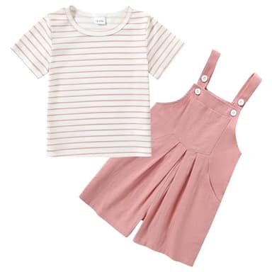 ZOEREA Toddler Girl Clothes, 2Pcs Baby Girl Outfits Spring/Summer Stripe/Floral T-Shirt+Bib Overall Shorts Clothing Set 1-5T (Pink A1, 18-24 Months) - Image 1