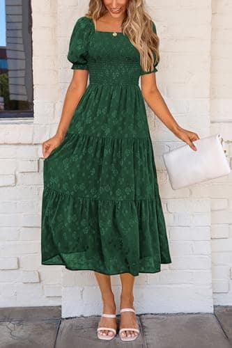 PRETTYGARDEN Women's 2025 Summer Casual Midi Dresses Square Neck Short Sleeve Smocked A Line Floral Flowy Elegant Boho Dress (Dark Green,Large) - Image 3