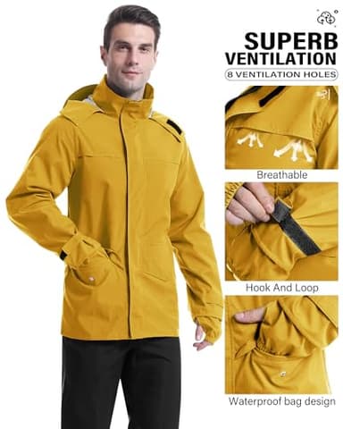 iCreek Rain Suit Waterproof Jacket with Pants 2 Pieces Breathable Lightweight Packable Raincoat with Hooded Rain Gear Unisex(M, Yellow) - Image 2