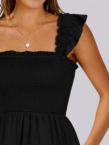 Prinbara Womens Summer Casual Square Neck Smocked Short Sundress 2025 Spring Beach Vacation Flowy Cute Teen Boho Dresses Black Small - Image 6