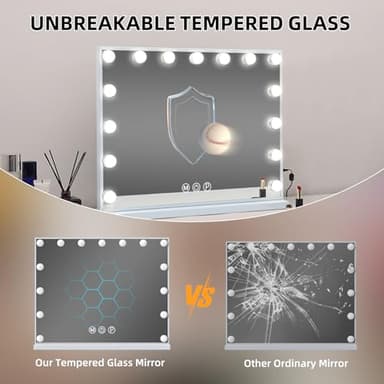 MISAVANITY Vanity Mirror with Lights Tempered Galss Hollywood Vanity Makeup Mirror with 15 LED Bulbs 22.8"x 18.1" USB Charge Port and Dimmable 3 Color Lighting for Tabletop Wall-Mounted, White - Image 2