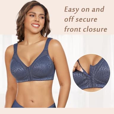DotVol Women's Full Figure Front Closure Wirefree Jacquard Back Support Posture Bra(Grey Blue,42DD) - Image 2