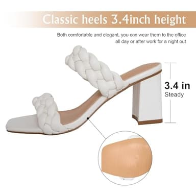 Athlefit White Braided Heeled Sandals for Women Fashion Square Open Toe Comfortable Slip on Block Heels Size 8.5 - Image 3
