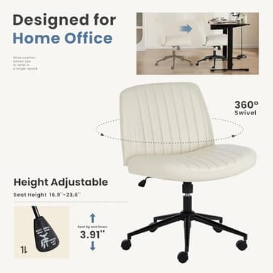 DUMOS Criss Cross Chair with Wheels, Legged Office Armless Wide Desk Seat Dual-Purpose Base, Adjustable Swivel Leather Task Vanity Home Office Desk Seating, Cream - Image 5