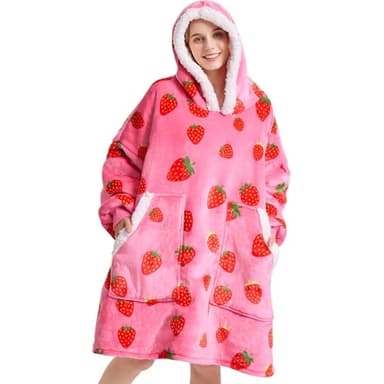 Kipswiza Strawberry Wearable Blanket Hoodie - Soft Cozy Sherpa Fleece Oversized Hooded Blankets Sweatshirt Birthday Gifts for Women Girls Mom Sisters - Image 1