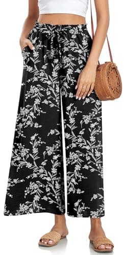 Bestbee Womens Plus Size Palazzo Pants Dressy Casual Wide Leg Slacks Elastic Waist Business Flowy Pants with Pockets, XL, Black-White Flower - Image 2